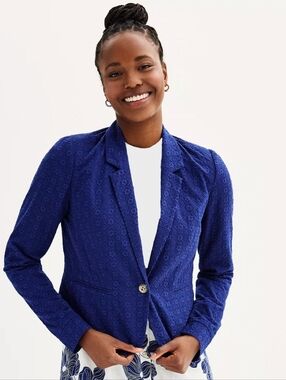 Draper James Blue Womens Blazer Embroidered Floral 100% Cotton Size Small